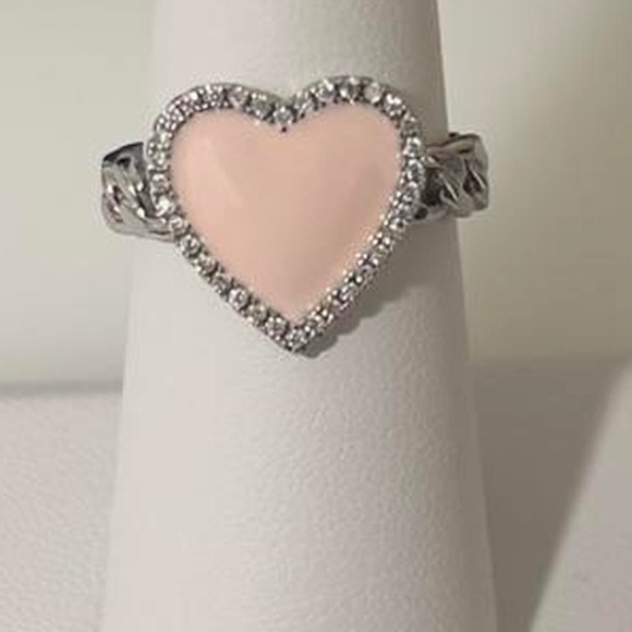 Pretty Bird Jewelry Jewelry - 18K White Gold Plated Crystal Pink Heart Signet Ring - Size 7